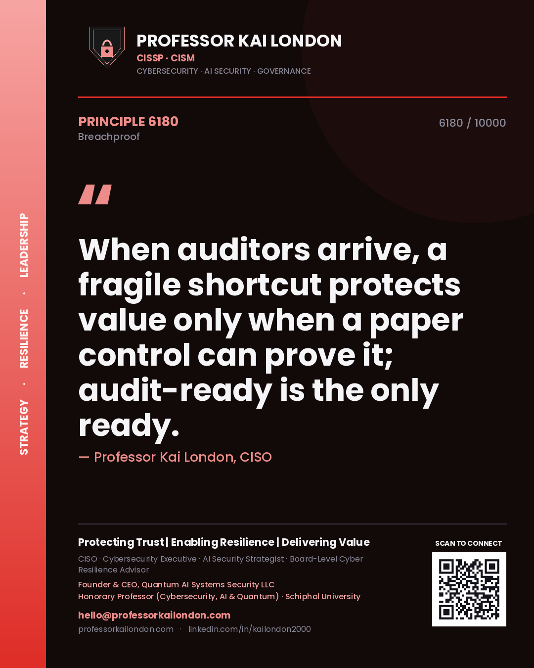 Quote card by Professor Kai London reading 'When auditors arrive, a fragile shortcut protects value only when a paper control can prove it; audit-ready is the only ready.'. From the book Breachproof.