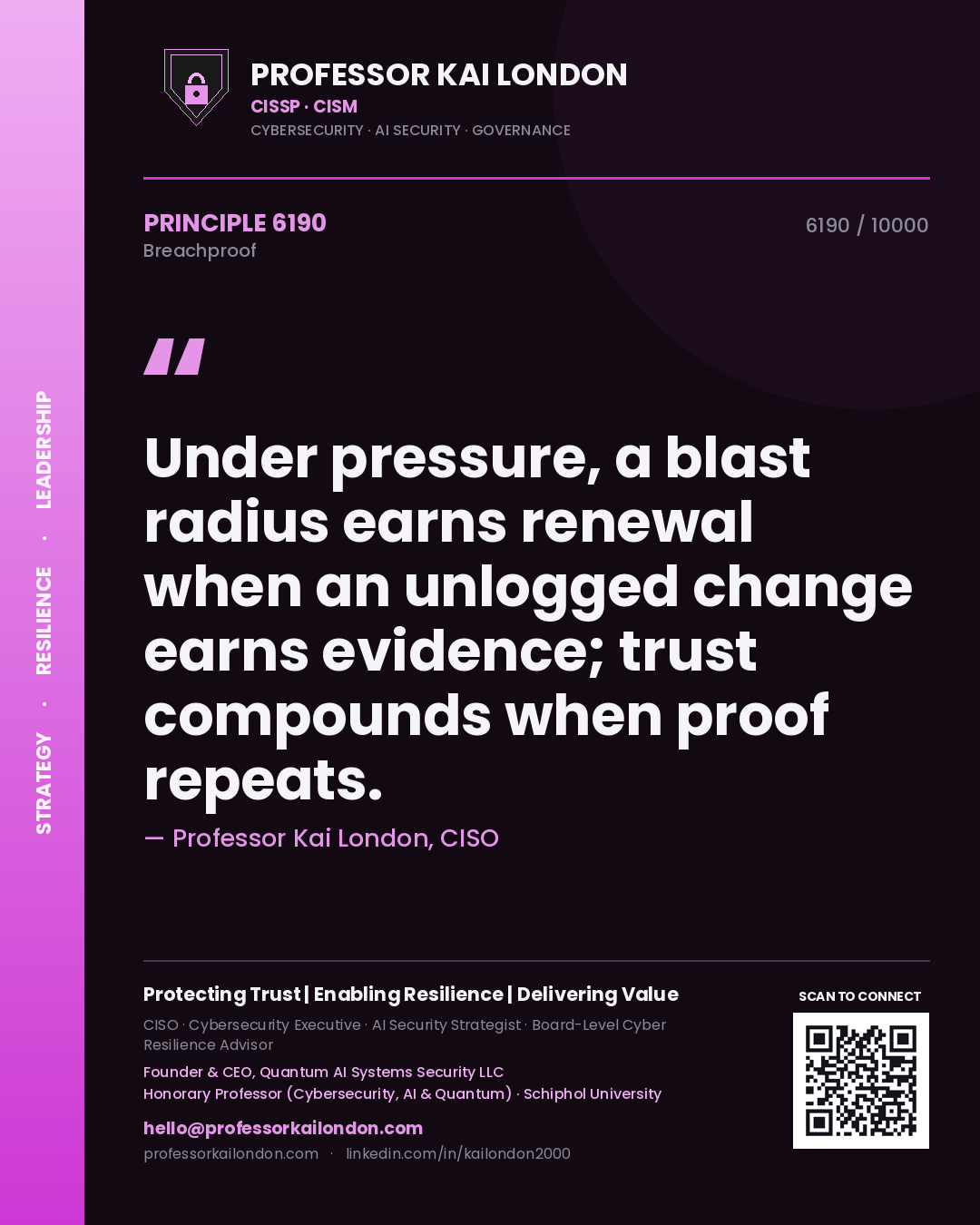Quote card by Professor Kai London reading 'Under pressure, a blast radius earns renewal when an unlogged change earns evidence; trust compounds when proof repeats.'. From the book Breachproof.