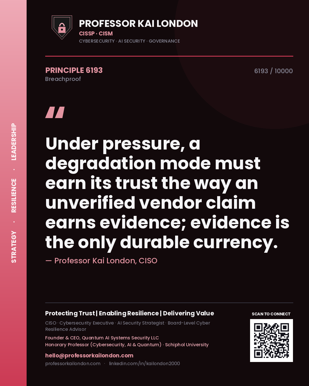 Quote card by Professor Kai London reading 'Under pressure, a degradation mode must earn its trust the way an unverified vendor claim earns evidence; evidence is the only durable currency.'. From the book Breachproof.