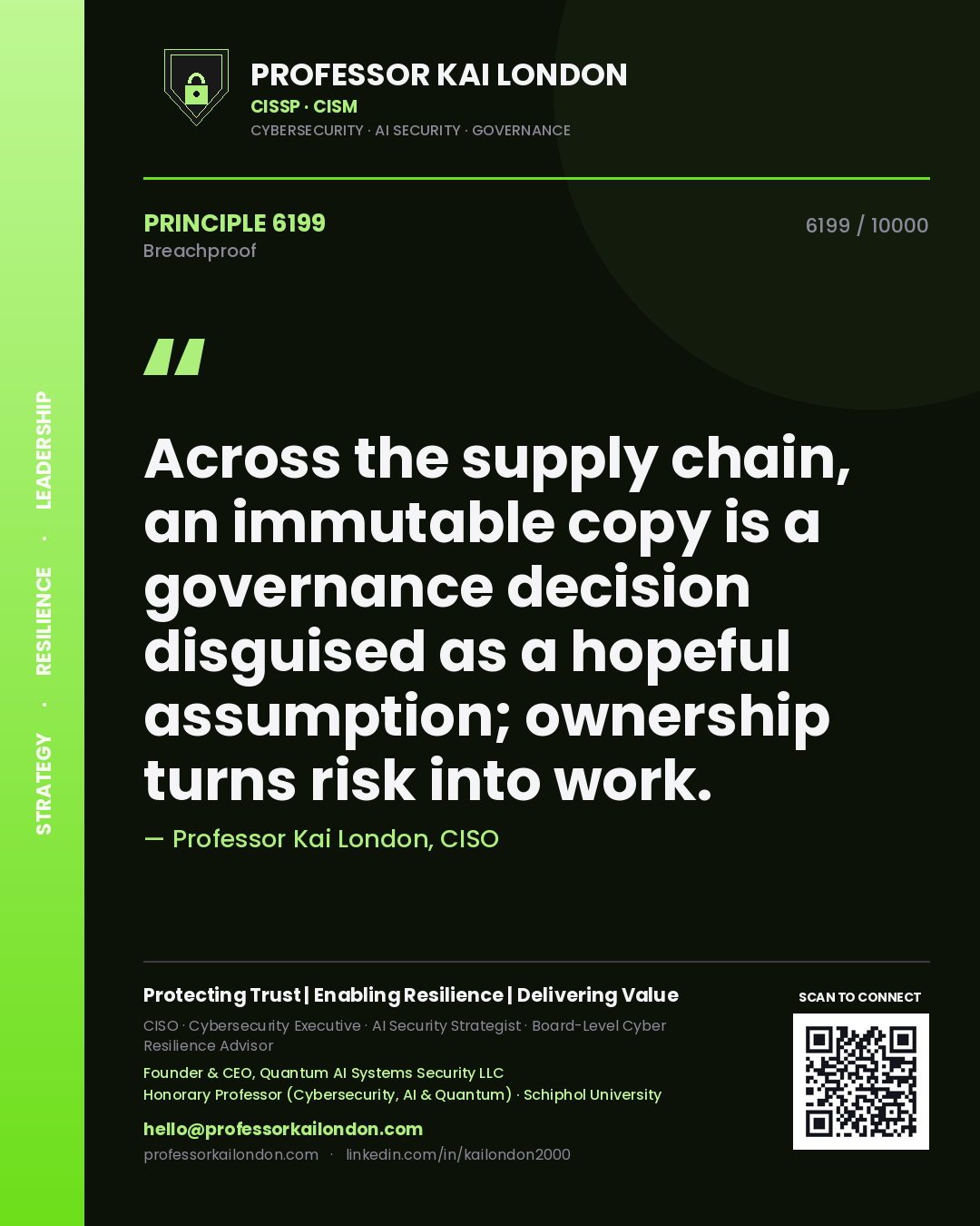 Quote card by Professor Kai London reading 'Across the supply chain, an immutable copy is a governance decision disguised as a hopeful assumption; ownership turns risk into work.'. From the book Breachproof.