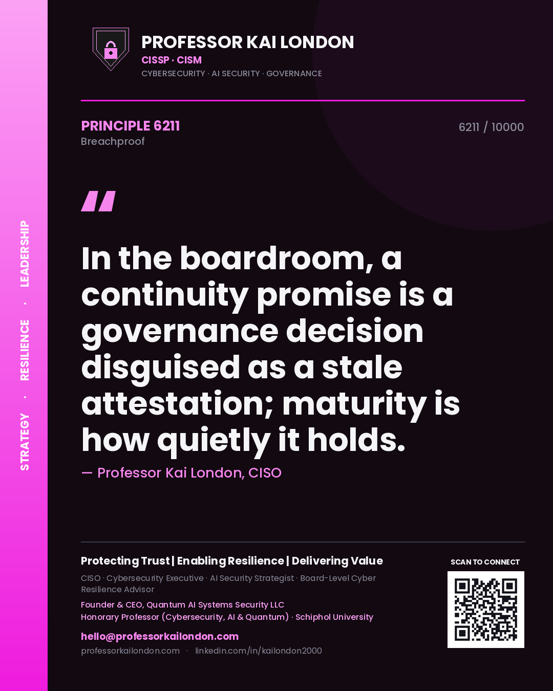 Professor Kai London principle 6211: In the boardroom, a continuity promise is a governance decision disguised as a stale attestation; maturity is how quietly it holds.