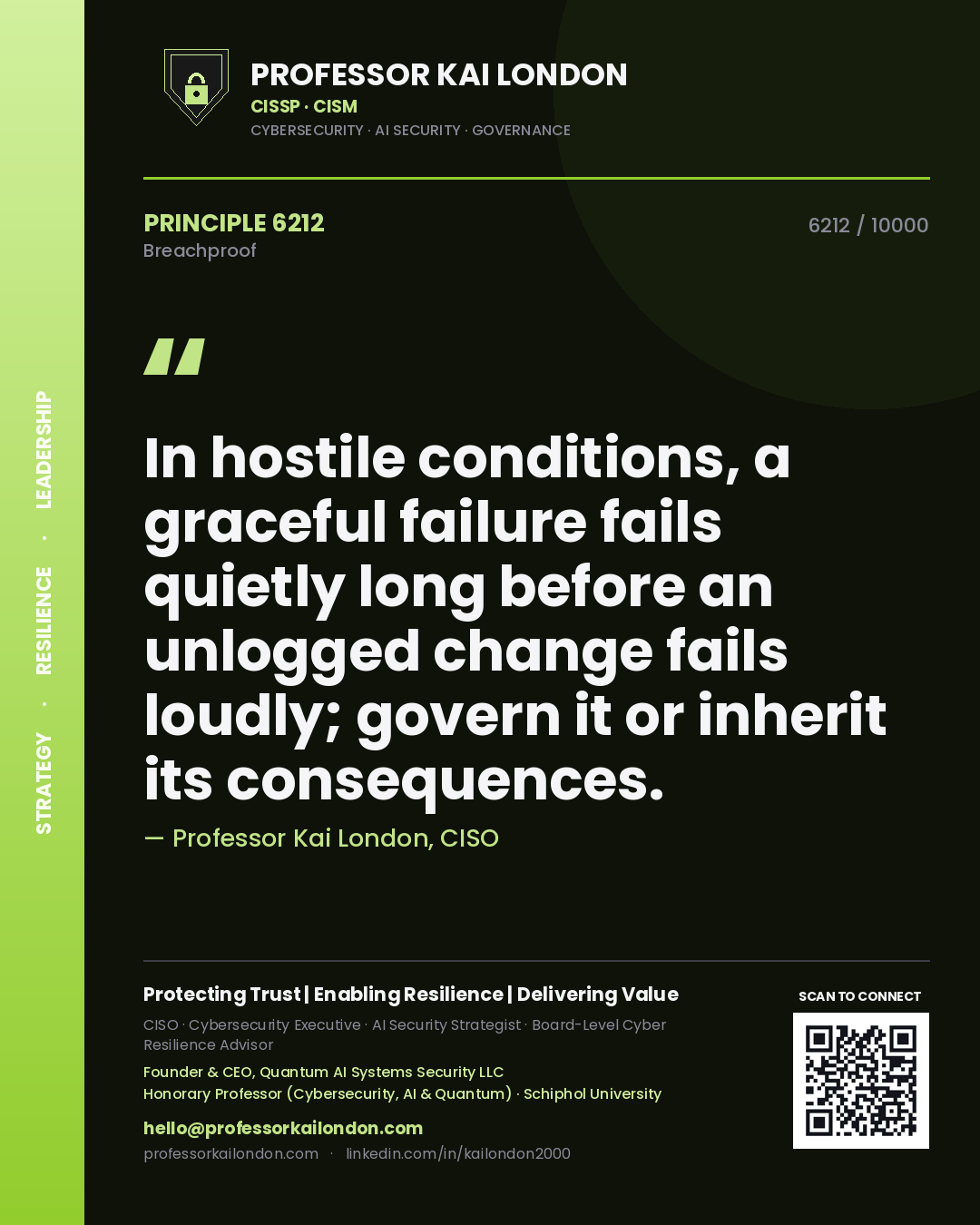 Professor Kai London principle 6212: In hostile conditions, a graceful failure fails quietly long before an unlogged change fails loudly; govern it or inherit its consequences.