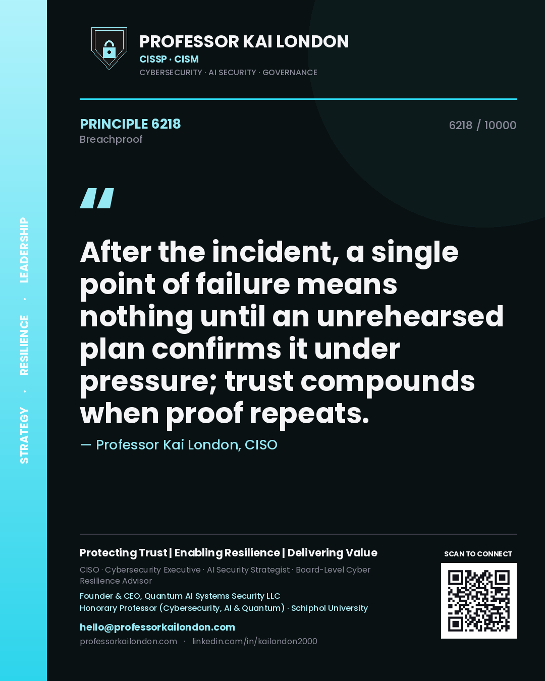 Quote card by Professor Kai London reading 'After the incident, a single point of failure means nothing until an unrehearsed plan confirms it under pressure; trust compounds when proof repeats.'. From the book Breachproof.