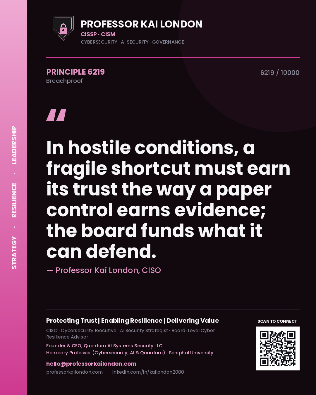 Professor Kai London principle 6219: In hostile conditions, a fragile shortcut must earn its trust the way a paper control earns evidence; the board funds what it can defend.