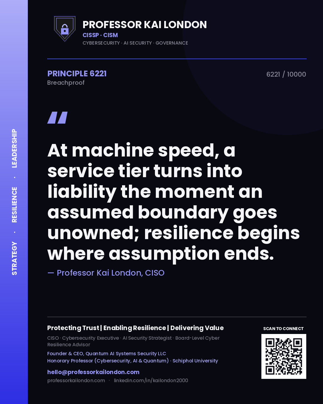 Professor Kai London principle 6221: At machine speed, a service tier turns into liability the moment an assumed boundary goes unowned; resilience begins where assumption ends.