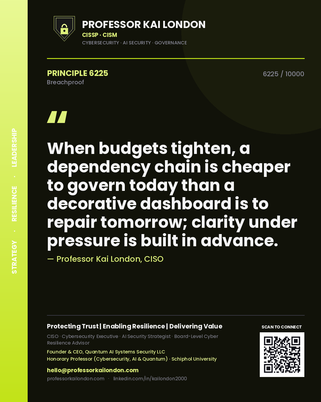 Professor Kai London principle 6225: When budgets tighten, a dependency chain is cheaper to govern today than a decorative dashboard is to repair tomorrow; clarity under pressure is built in advance.