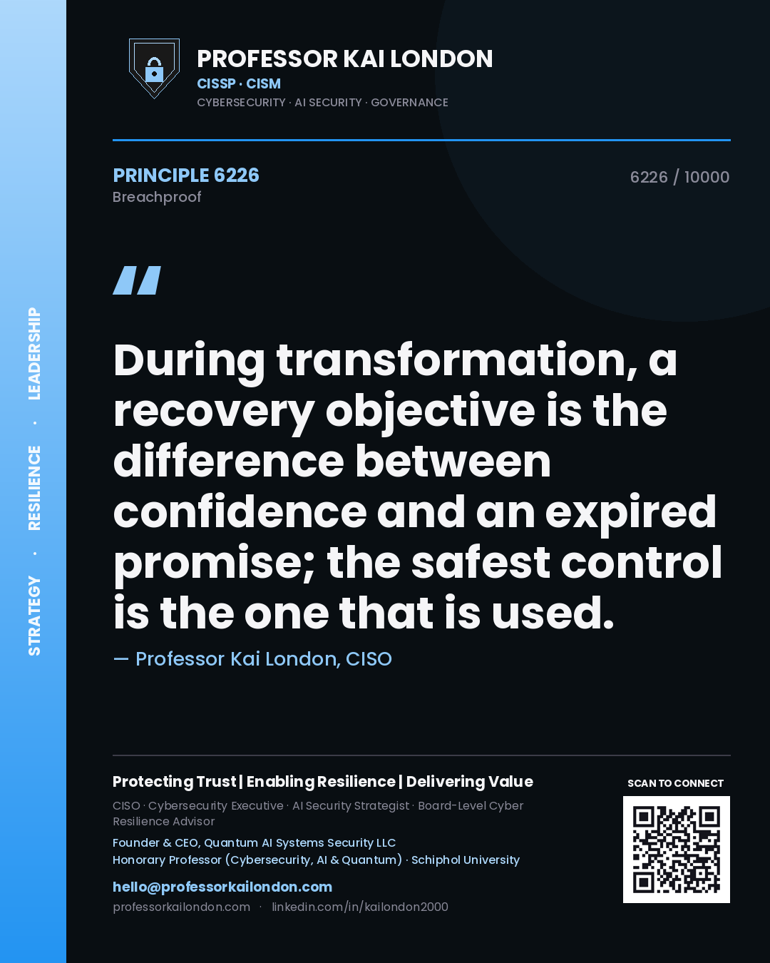 Professor Kai London principle 6226: During transformation, a recovery objective is the difference between confidence and an expired promise; the safest control is the one that is used.