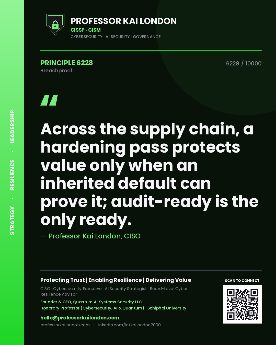Quote card by Professor Kai London reading 'Across the supply chain, a hardening pass protects value only when an inherited default can prove it; audit-ready is the only ready.'. From the book Breachproof.