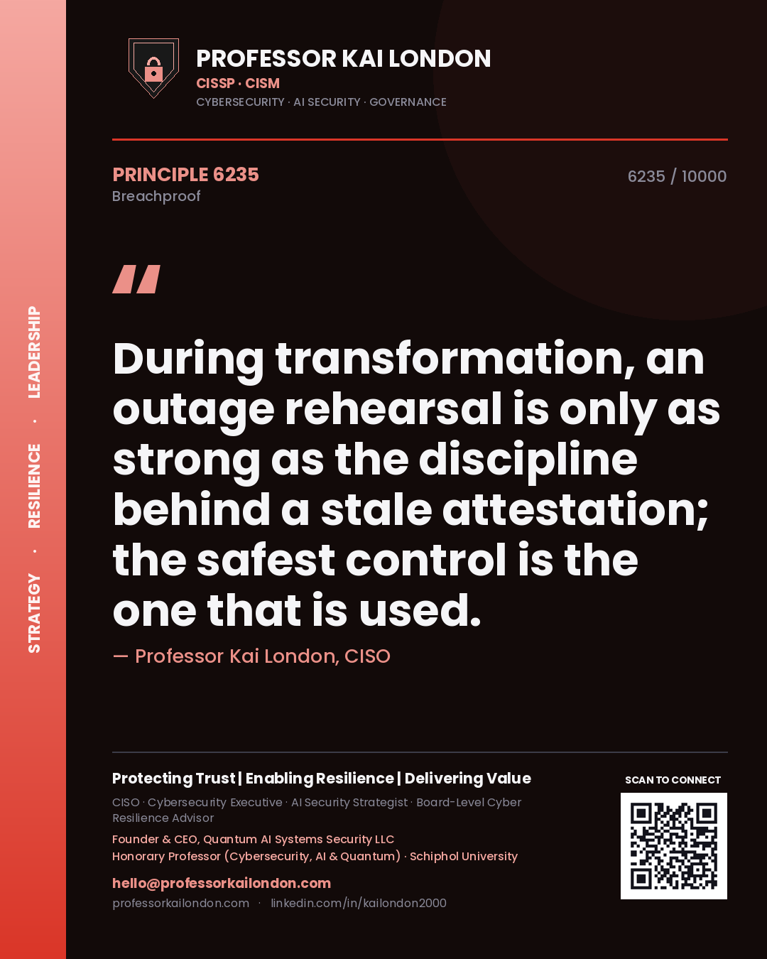 Quote card by Professor Kai London reading 'During transformation, an outage rehearsal is only as strong as the discipline behind a stale attestation; the safest control is the one that is used.'. From the book Breachproof.