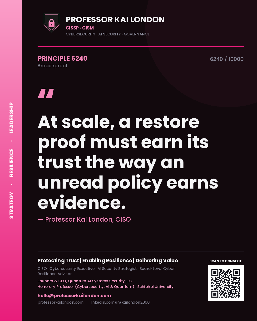 Quote card by Professor Kai London reading 'At scale, a restore proof must earn its trust the way an unread policy earns evidence.'. From the book Breachproof.