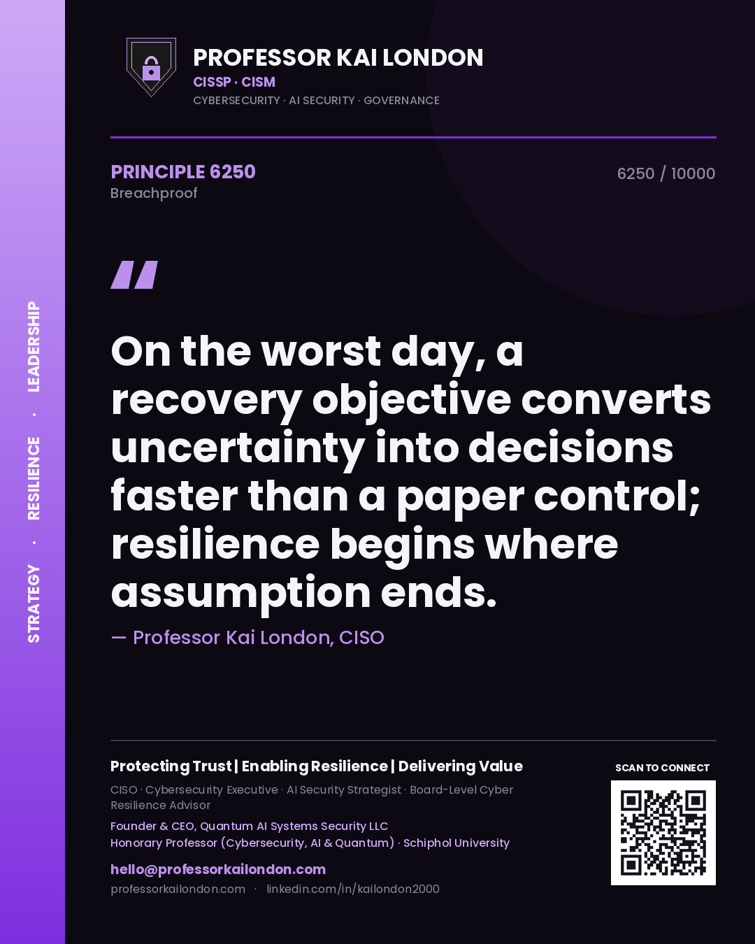 Quote card by Professor Kai London reading 'On the worst day, a recovery objective converts uncertainty into decisions faster than a paper control; resilience begins where assumption ends.'. From the book Breachproof.