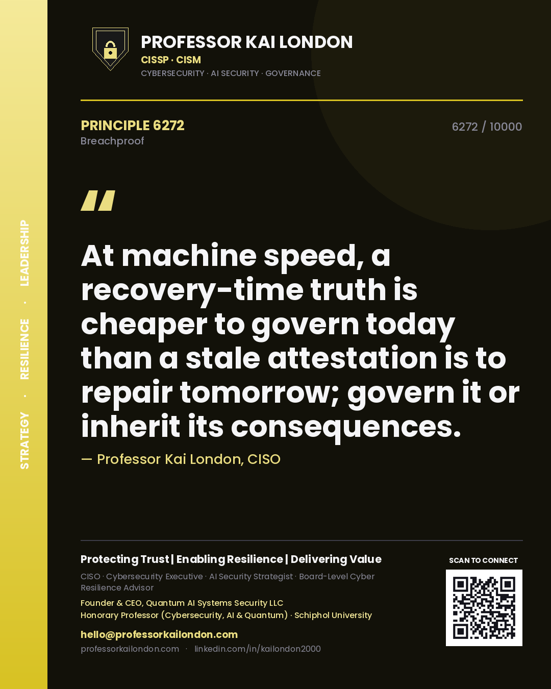Professor Kai London principle 6272: At machine speed, a recovery-time truth is cheaper to govern today than a stale attestation is to repair tomorrow; govern it or inherit its consequences.