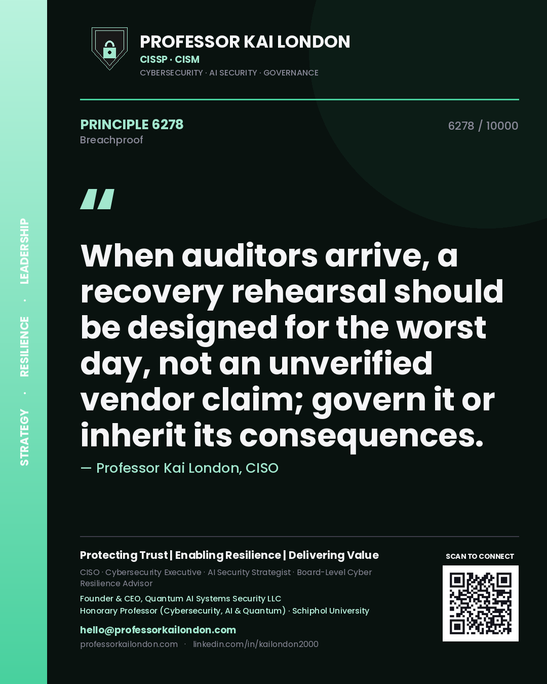 Quote card by Professor Kai London reading 'When auditors arrive, a recovery rehearsal should be designed for the worst day, not an unverified vendor claim; govern it or inherit its consequences.'. From the book Breachproof.