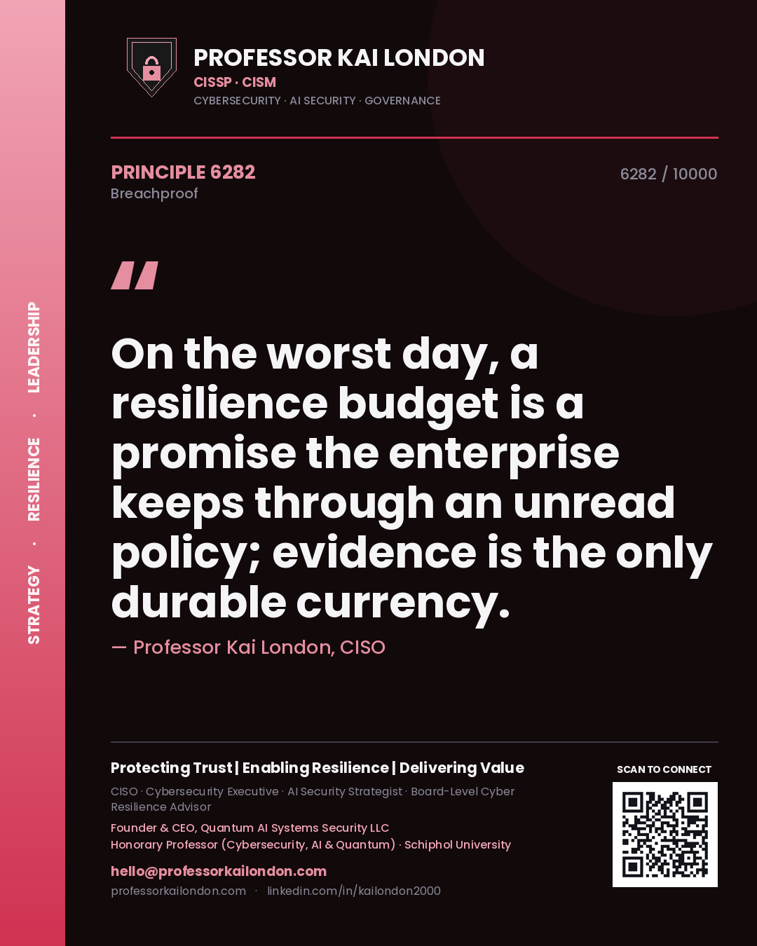 Quote card by Professor Kai London reading 'On the worst day, a resilience budget is a promise the enterprise keeps through an unread policy; evidence is the only durable currency.'. From the book Breachproof.