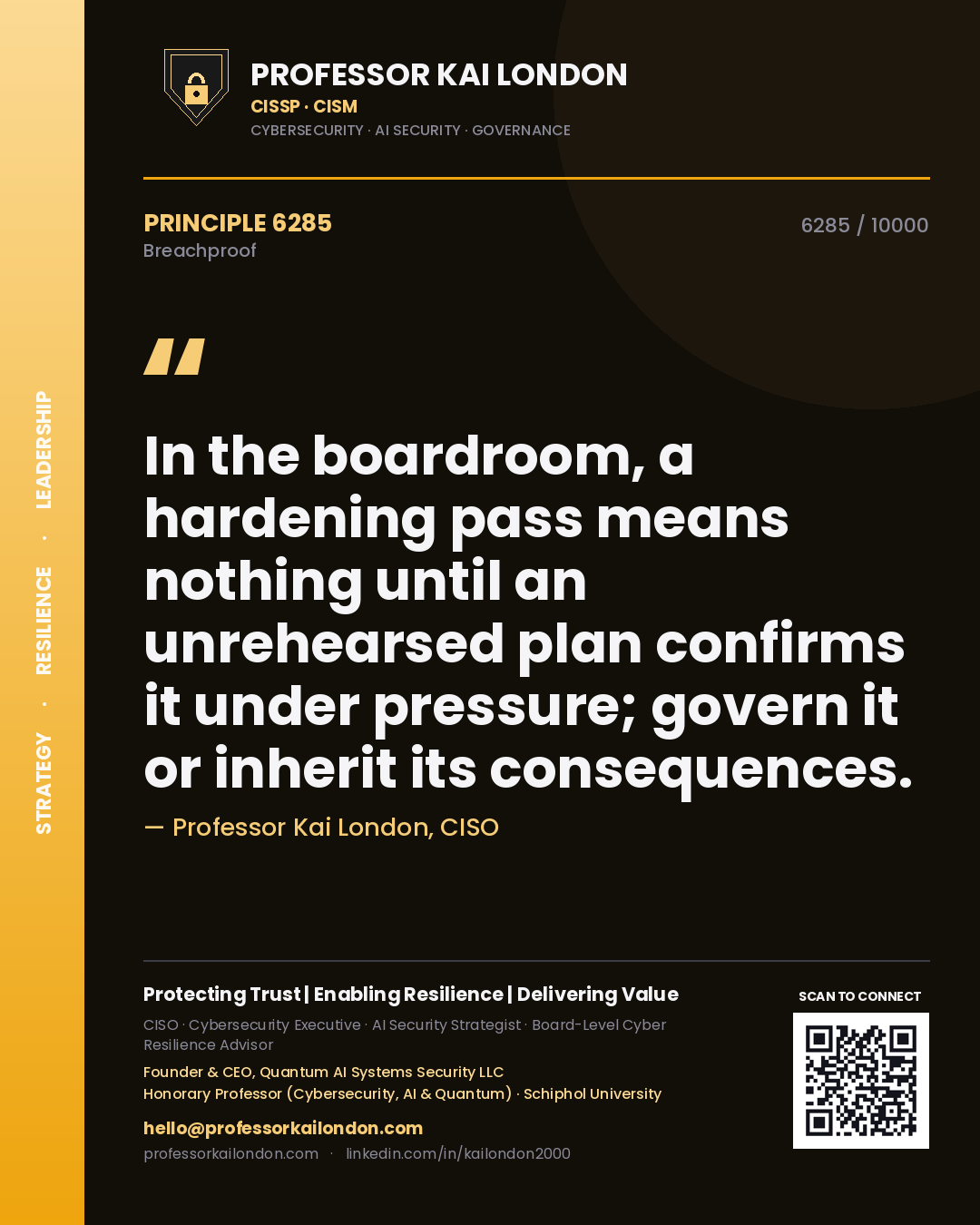 Quote card by Professor Kai London reading 'In the boardroom, a hardening pass means nothing until an unrehearsed plan confirms it under pressure; govern it or inherit its consequences.'. From the book Breachproof.