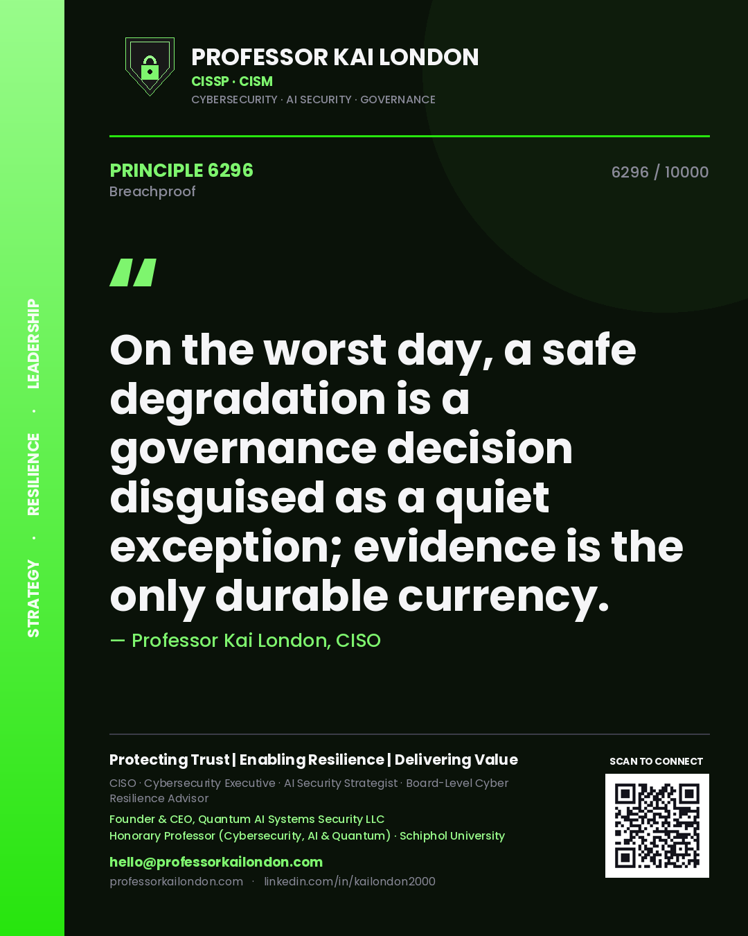 Quote card by Professor Kai London reading 'On the worst day, a safe degradation is a governance decision disguised as a quiet exception; evidence is the only durable currency.'. From the book Breachproof.