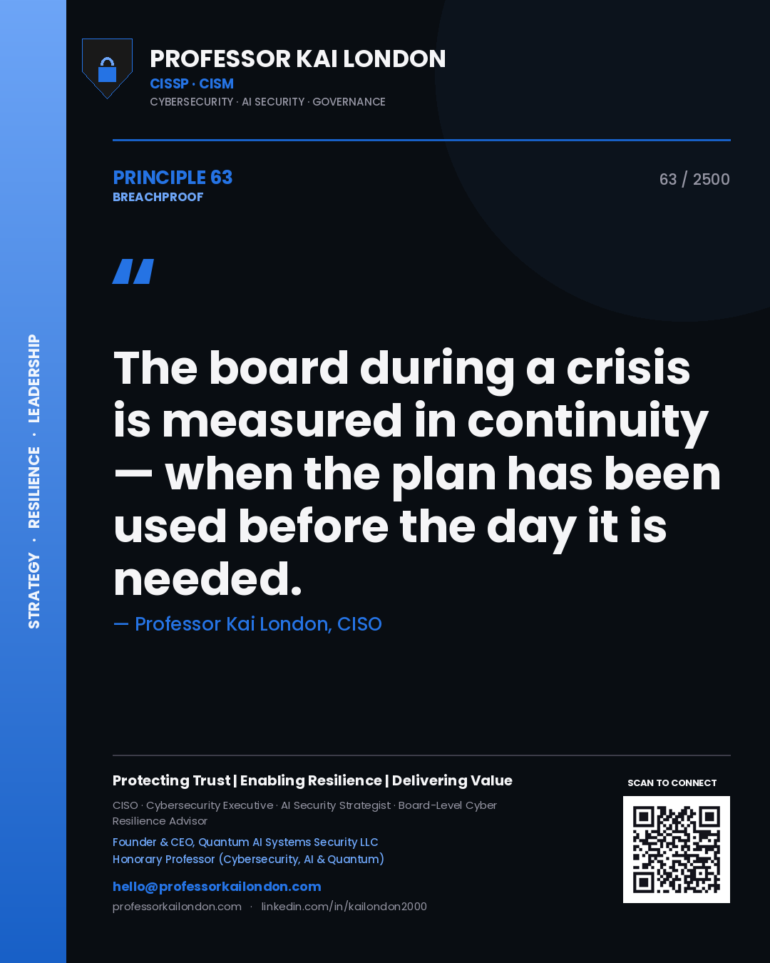 Quote card by Professor Kai London reading 'The board during a crisis is measured in continuity — when the plan has been used before the day it is needed.'. From the book Breachproof.