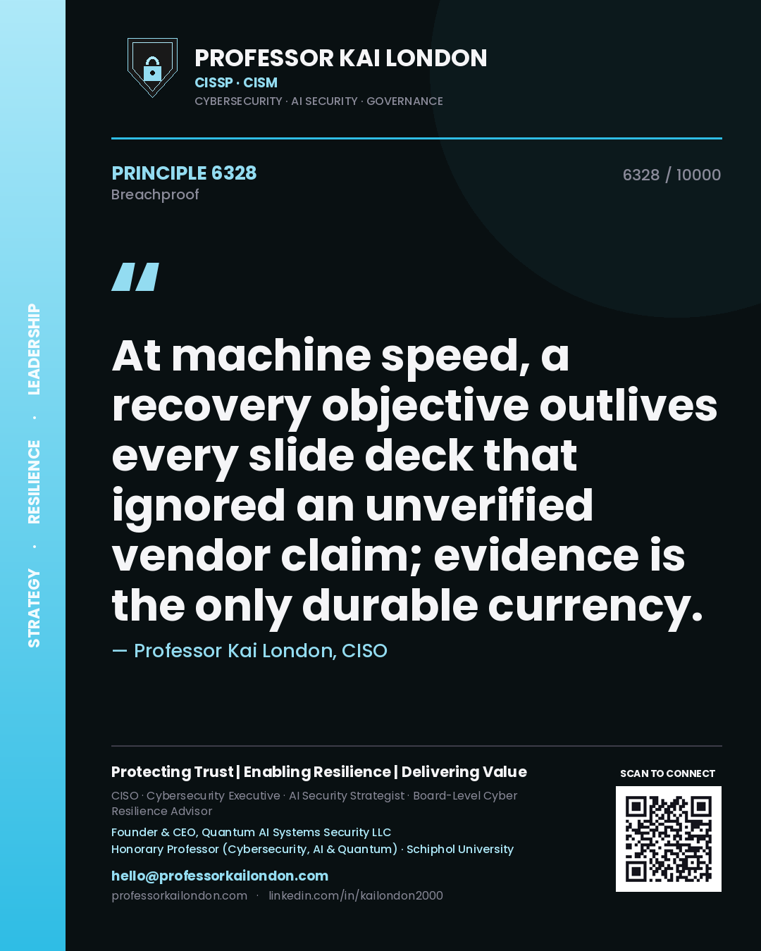 Professor Kai London principle 6328: At machine speed, a recovery objective outlives every slide deck that ignored an unverified vendor claim; evidence is the only durable currency.