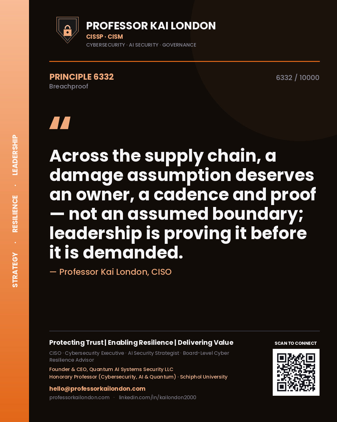 Quote card by Professor Kai London reading 'Across the supply chain, a damage assumption deserves an owner, a cadence and proof — not an assumed boundary; leadership is proving it before it is demanded.'. From the book Breachproof.