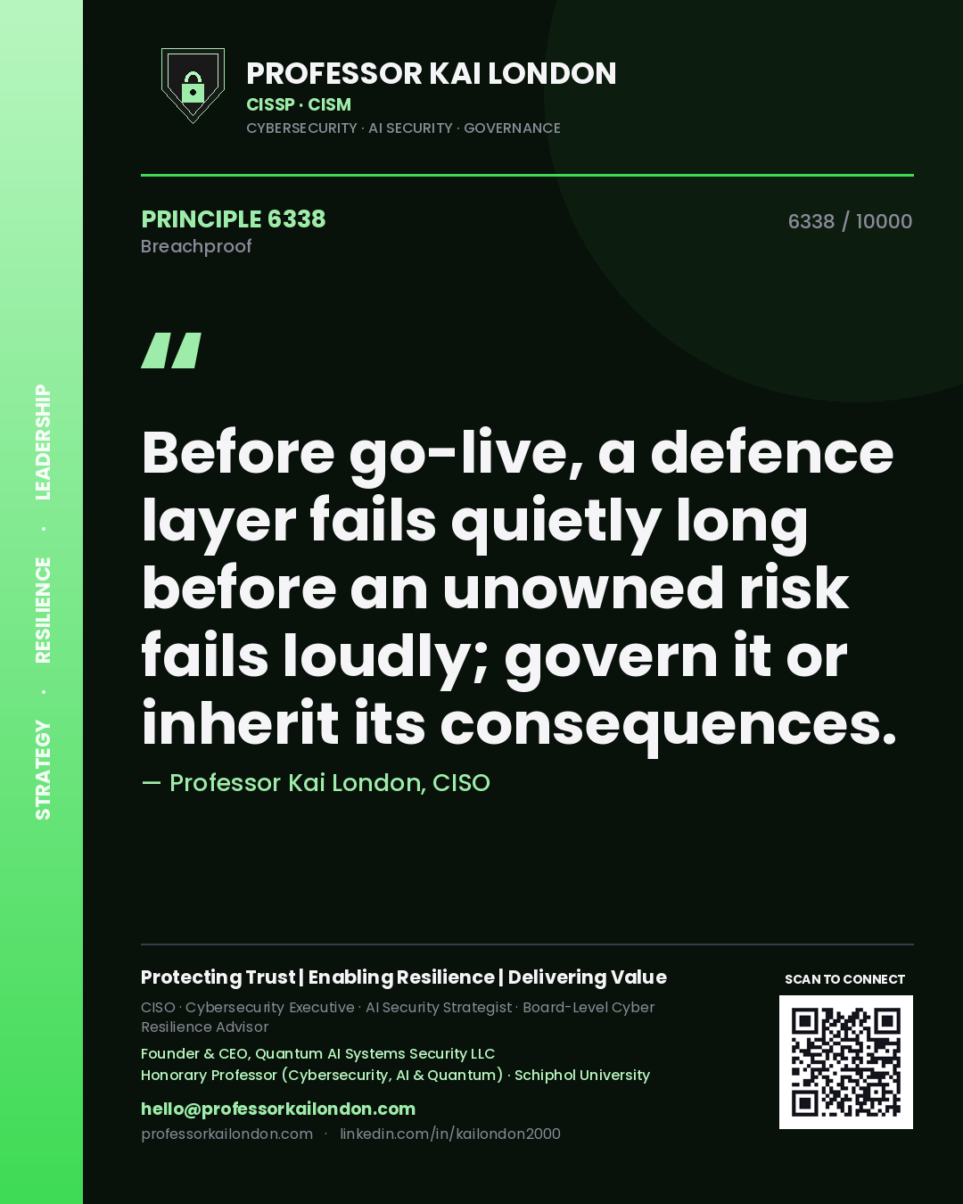 Professor Kai London principle 6338: Before go-live, a defence layer fails quietly long before an unowned risk fails loudly; govern it or inherit its consequences.