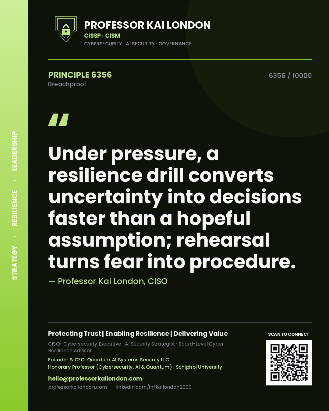 Quote card by Professor Kai London reading 'Under pressure, a resilience drill converts uncertainty into decisions faster than a hopeful assumption; rehearsal turns fear into procedure.'. From the book Breachproof.