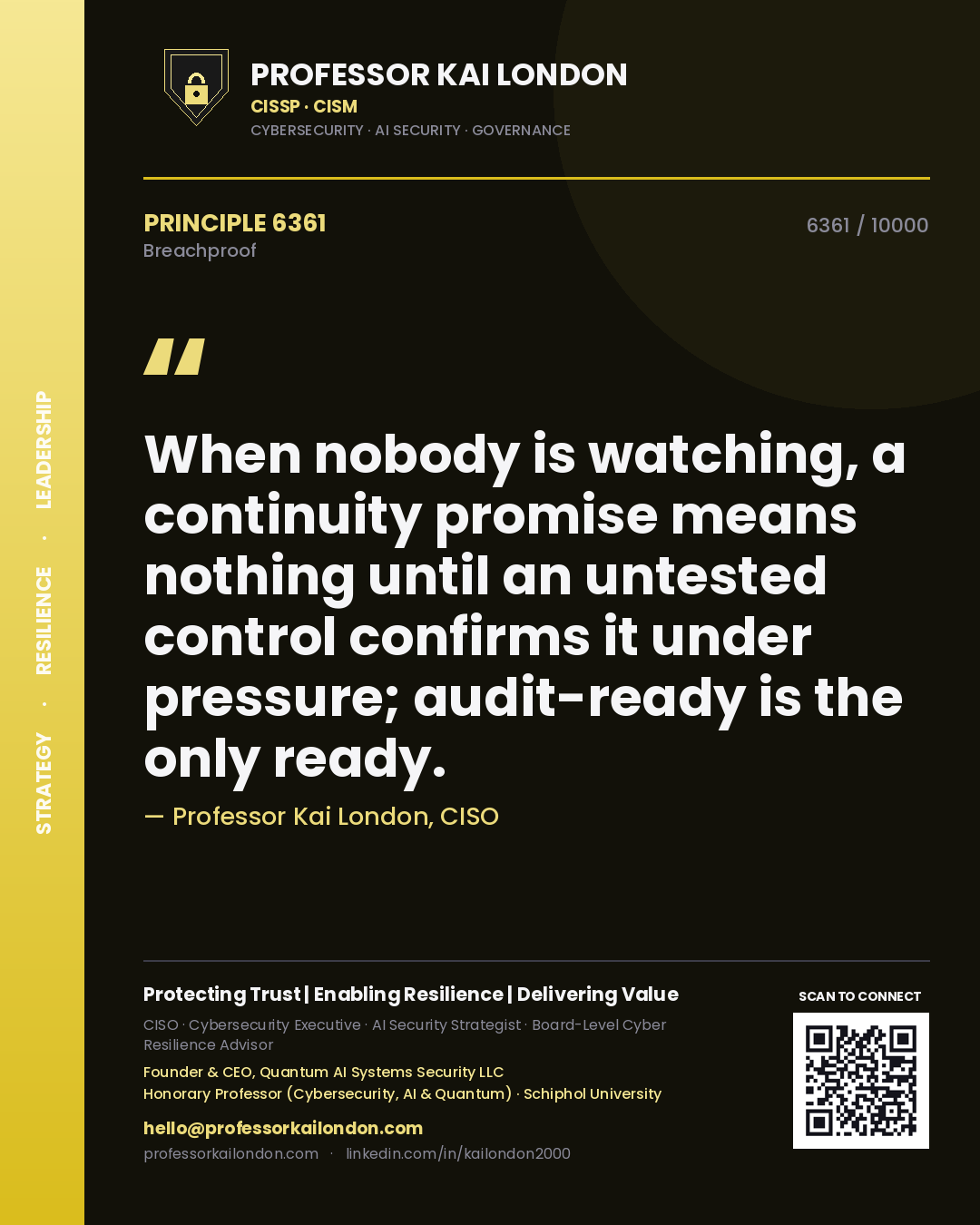 Quote card by Professor Kai London reading 'When nobody is watching, a continuity promise means nothing until an untested control confirms it under pressure; audit-ready is the only ready.'. From the book Breachproof.
