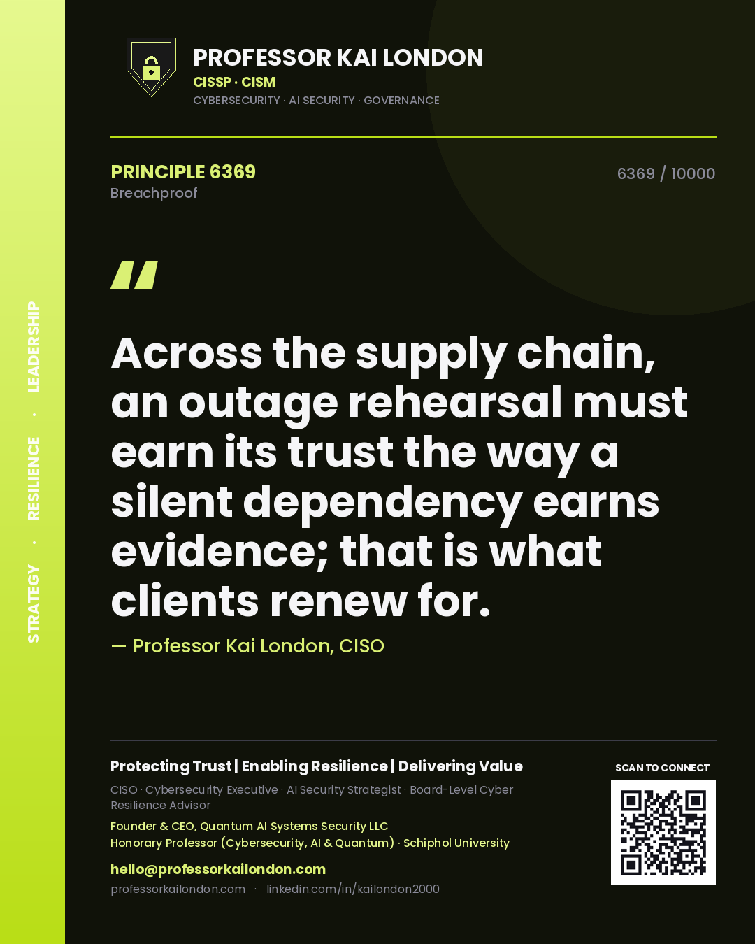 Professor Kai London principle 6369: Across the supply chain, an outage rehearsal must earn its trust the way a silent dependency earns evidence; that is what clients renew for.