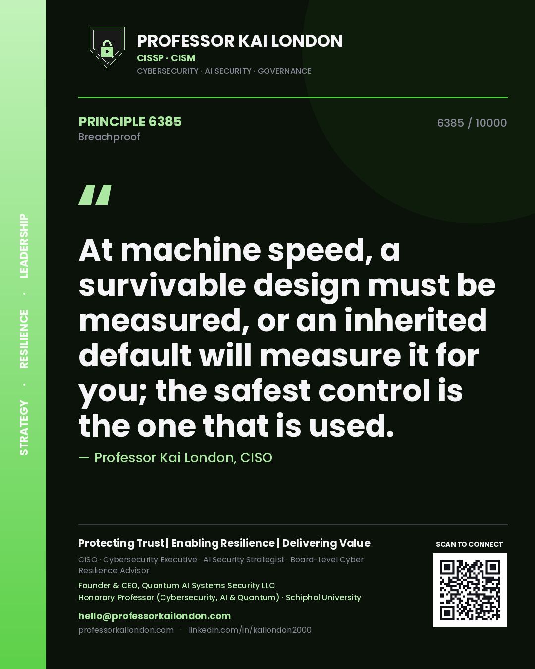 Professor Kai London principle 6385: At machine speed, a survivable design must be measured, or an inherited default will measure it for you; the safest control is the one that is used.