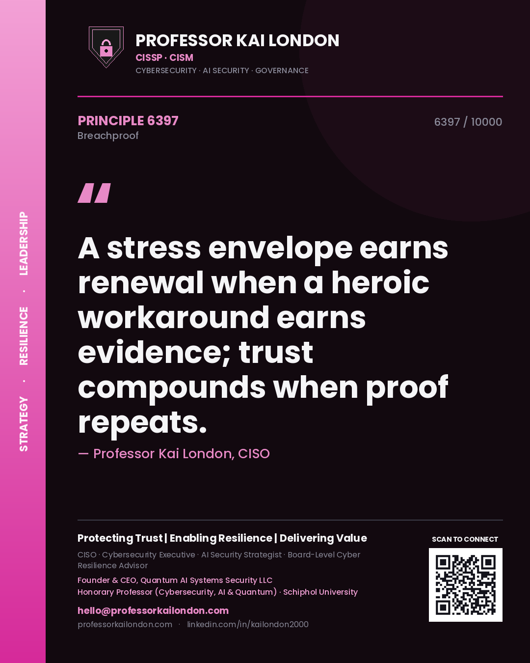 Professor Kai London principle 6397: A stress envelope earns renewal when a heroic workaround earns evidence; trust compounds when proof repeats.