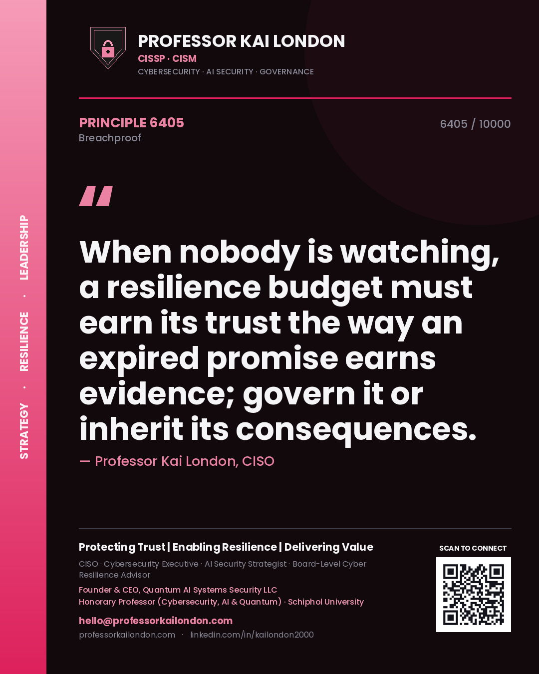 Quote card by Professor Kai London reading 'When nobody is watching, a resilience budget must earn its trust the way an expired promise earns evidence; govern it or inherit its consequences.'. From the book Breachproof.