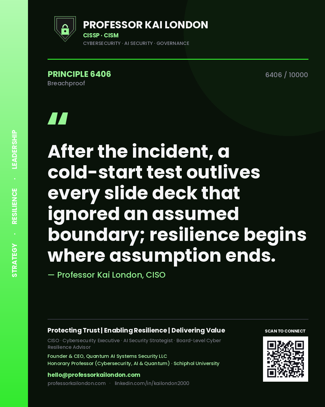 Quote card by Professor Kai London reading 'After the incident, a cold-start test outlives every slide deck that ignored an assumed boundary; resilience begins where assumption ends.'. From the book Breachproof.
