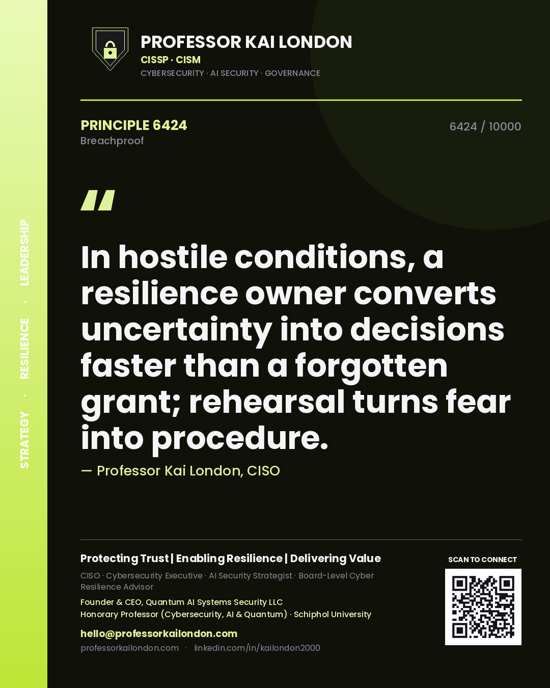 Quote card by Professor Kai London reading 'In hostile conditions, a resilience owner converts uncertainty into decisions faster than a forgotten grant; rehearsal turns fear into procedure.'. From the book Breachproof.