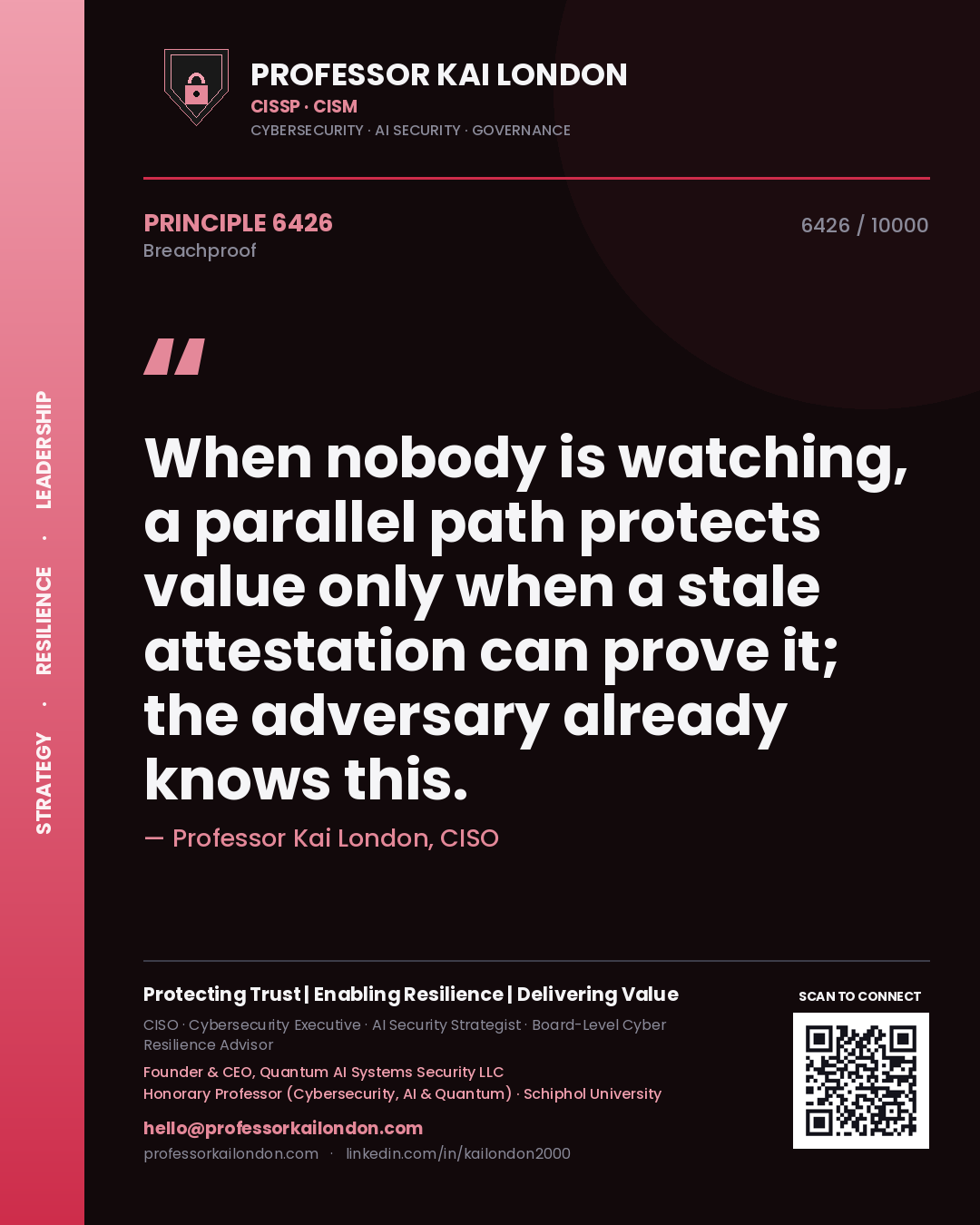 Quote card by Professor Kai London reading 'When nobody is watching, a parallel path protects value only when a stale attestation can prove it; the adversary already knows this.'. From the book Breachproof.