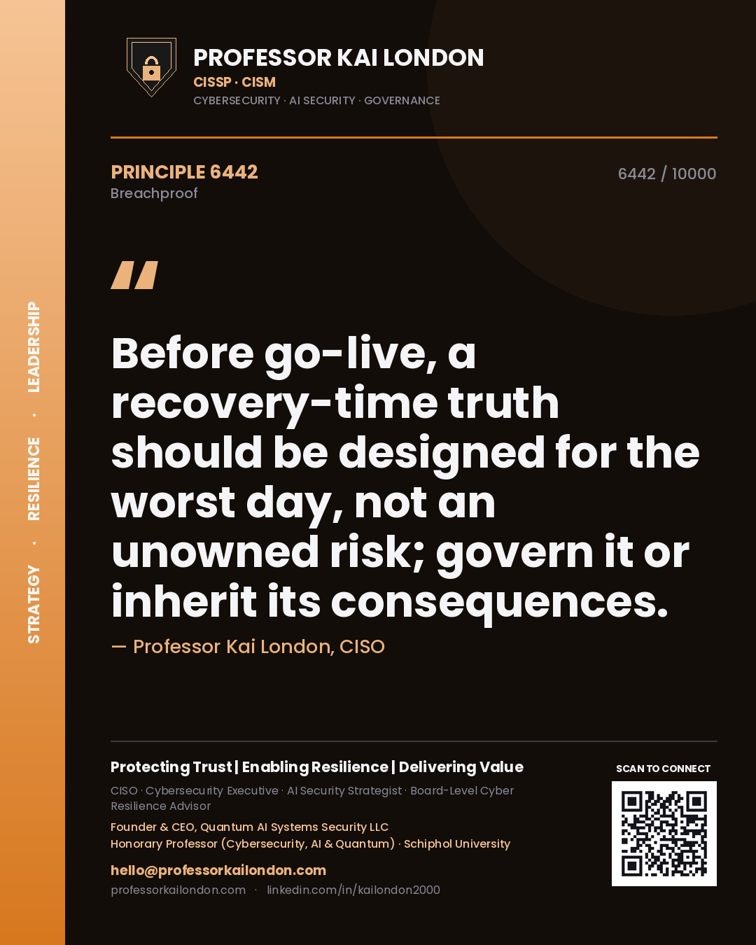 Quote card by Professor Kai London reading 'Before go-live, a recovery-time truth should be designed for the worst day, not an unowned risk; govern it or inherit its consequences.'. From the book Breachproof.