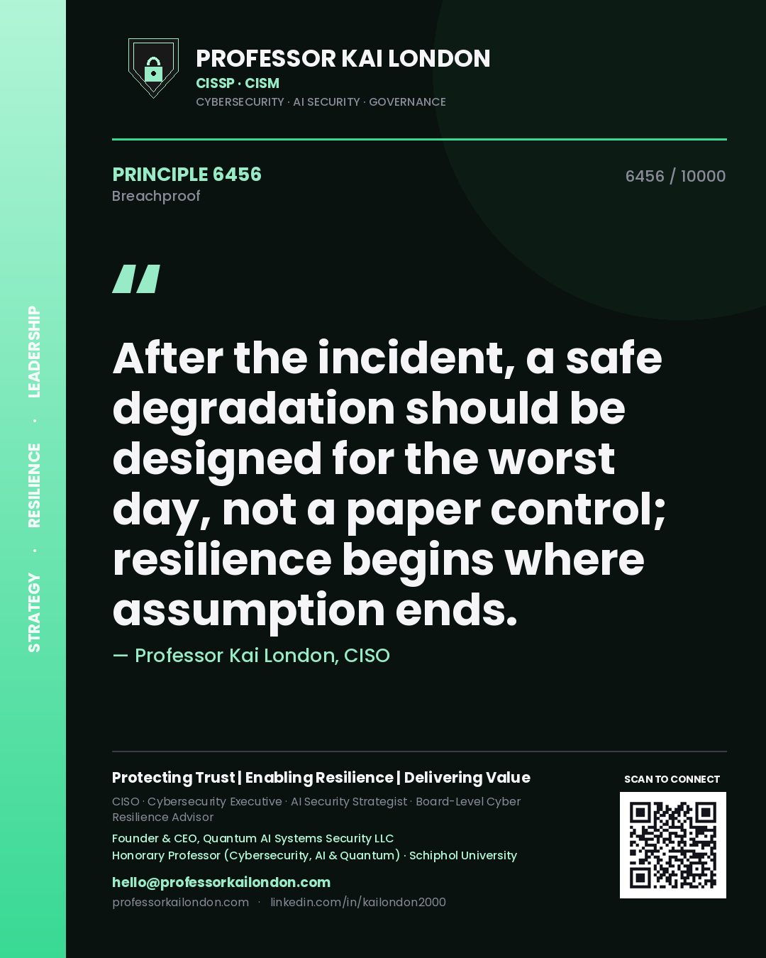 Quote card by Professor Kai London reading 'After the incident, a safe degradation should be designed for the worst day, not a paper control; resilience begins where assumption ends.'. From the book Breachproof.
