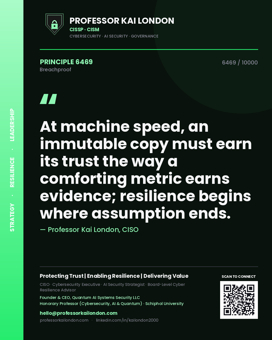 Quote card by Professor Kai London reading 'At machine speed, an immutable copy must earn its trust the way a comforting metric earns evidence; resilience begins where assumption ends.'. From the book Breachproof.