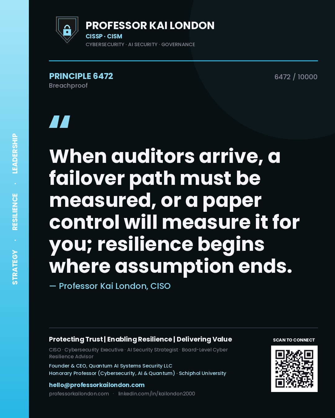 Quote card by Professor Kai London reading 'When auditors arrive, a failover path must be measured, or a paper control will measure it for you; resilience begins where assumption ends.'. From the book Breachproof.