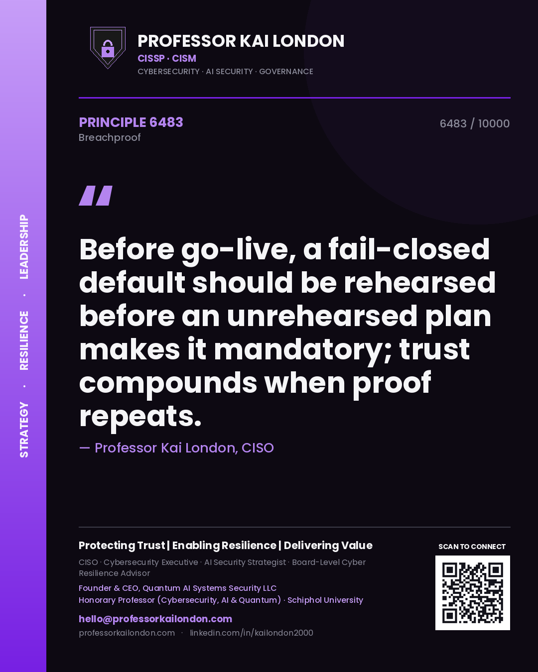 Quote card by Professor Kai London reading 'Before go-live, a fail-closed default should be rehearsed before an unrehearsed plan makes it mandatory; trust compounds when proof repeats.'. From the book Breachproof.