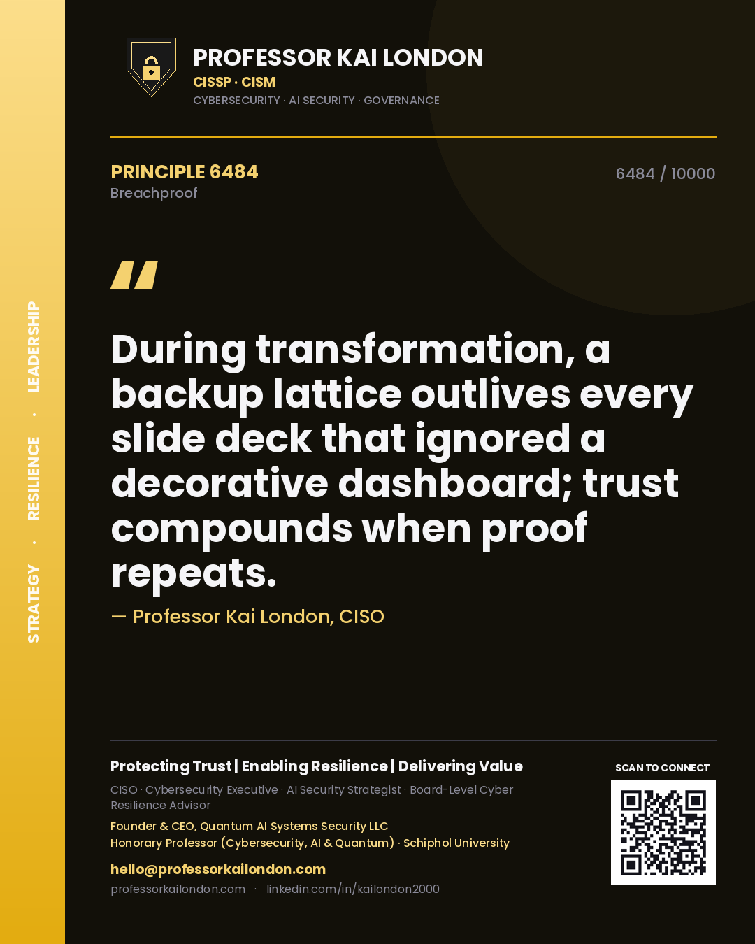 Quote card by Professor Kai London reading 'During transformation, a backup lattice outlives every slide deck that ignored a decorative dashboard; trust compounds when proof repeats.'. From the book Breachproof.