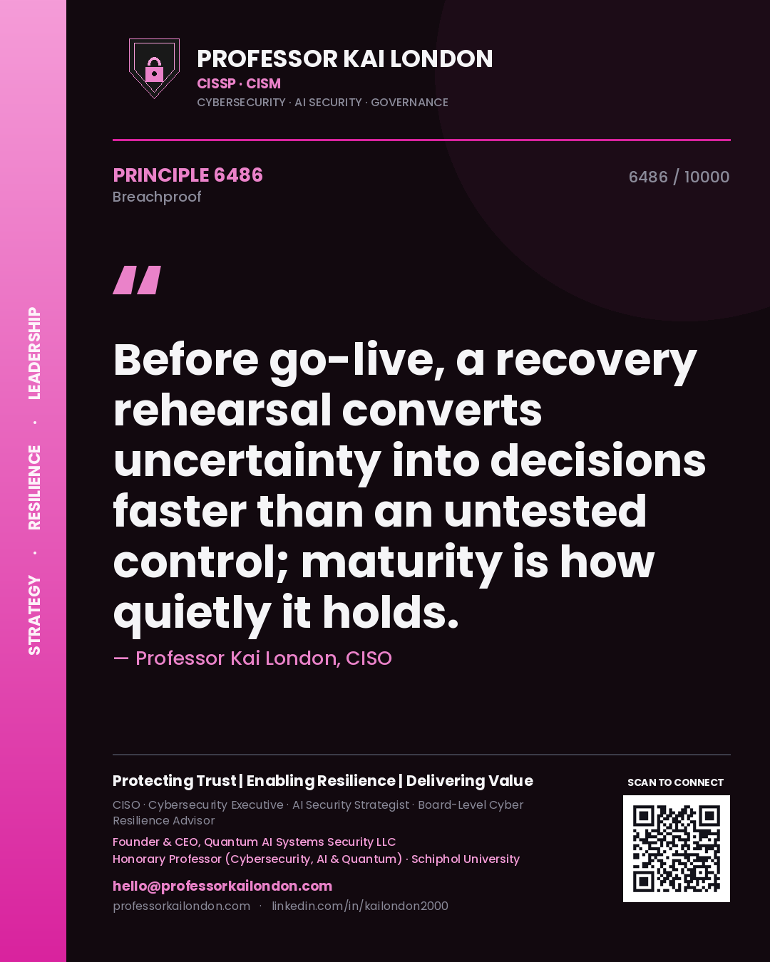 Quote card by Professor Kai London reading 'Before go-live, a recovery rehearsal converts uncertainty into decisions faster than an untested control; maturity is how quietly it holds.'. From the book Breachproof.