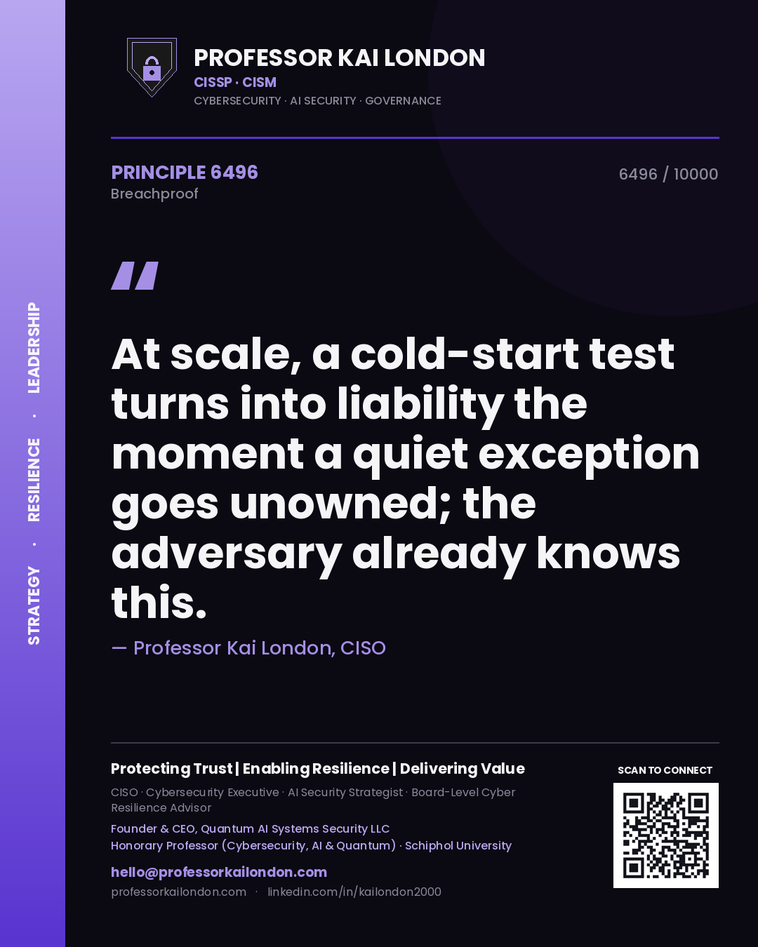 Quote card by Professor Kai London reading 'At scale, a cold-start test turns into liability the moment a quiet exception goes unowned; the adversary already knows this.'. From the book Breachproof.