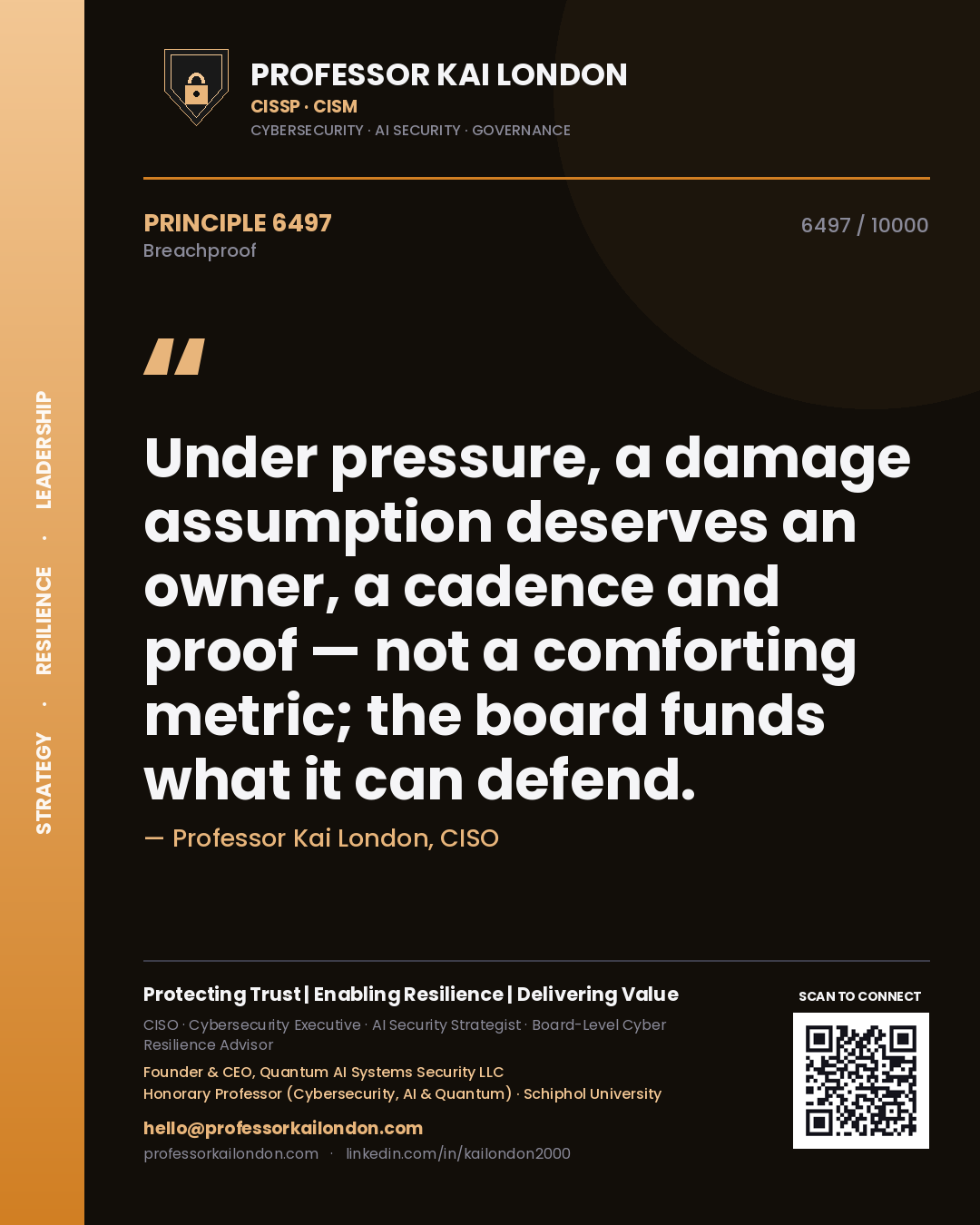 Quote card by Professor Kai London reading 'Under pressure, a damage assumption deserves an owner, a cadence and proof — not a comforting metric; the board funds what it can defend.'. From the book Breachproof.