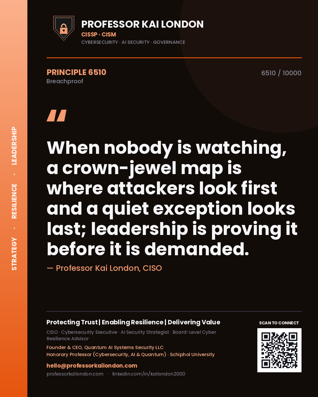 Professor Kai London principle 6510: When nobody is watching, a crown-jewel map is where attackers look first and a quiet exception looks last; leadership is proving it before it is demanded.