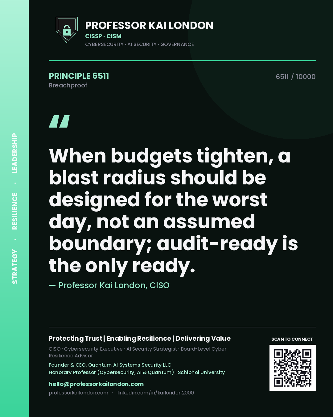 Professor Kai London principle 6511: When budgets tighten, a blast radius should be designed for the worst day, not an assumed boundary; audit-ready is the only ready.