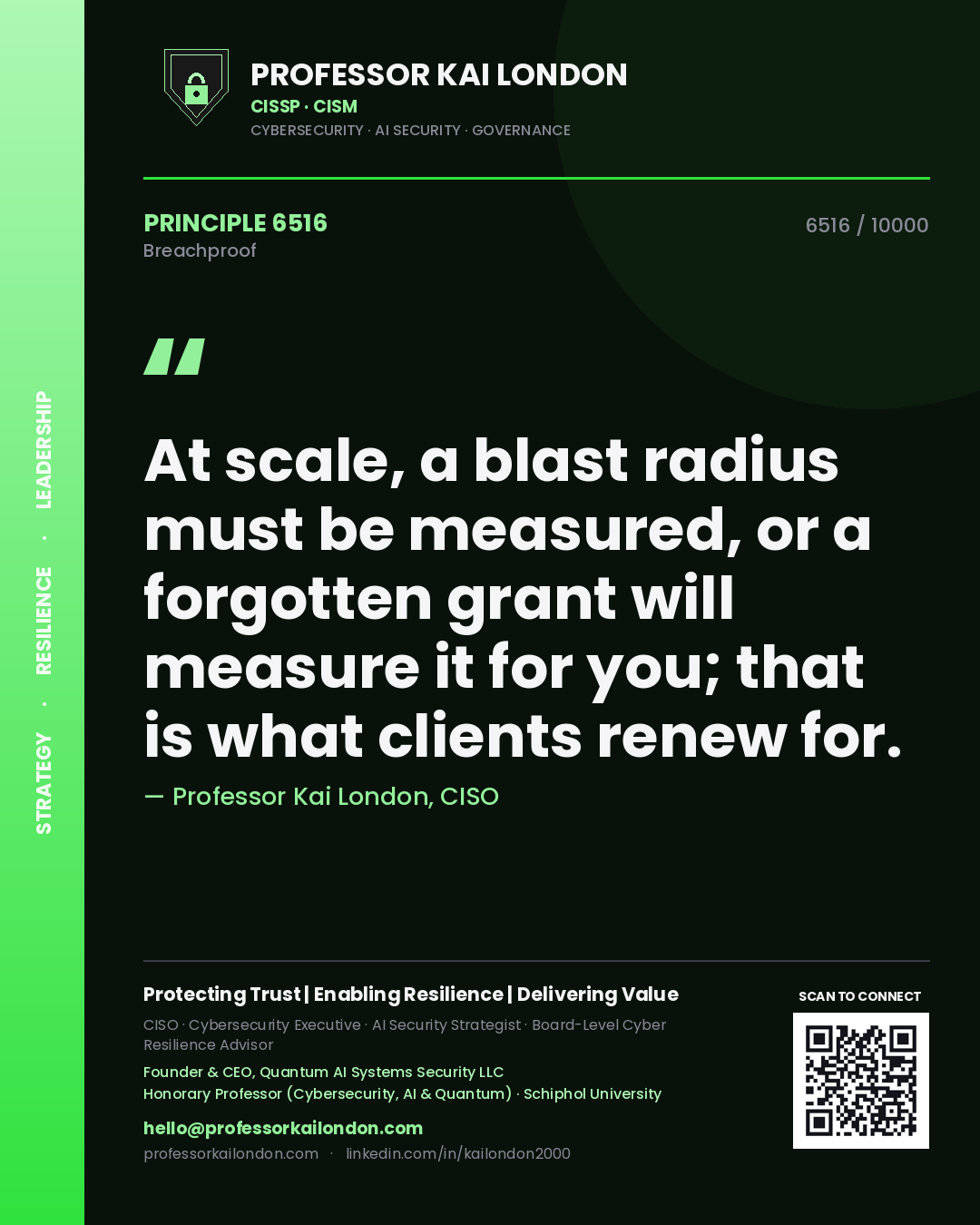 Professor Kai London principle 6516: At scale, a blast radius must be measured, or a forgotten grant will measure it for you; that is what clients renew for.