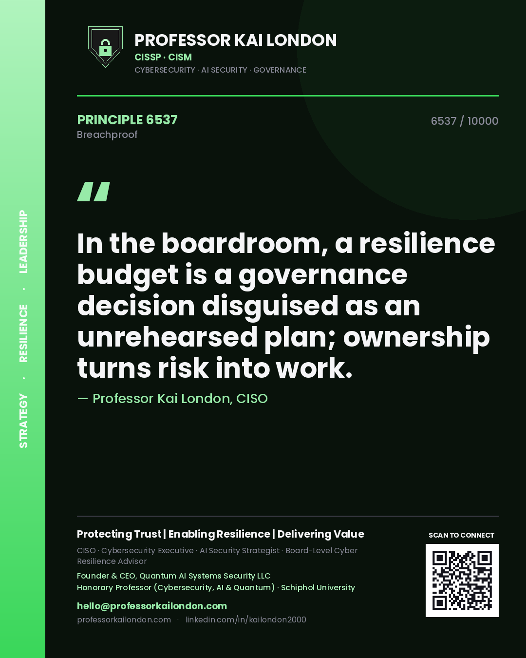 Professor Kai London principle 6537: In the boardroom, a resilience budget is a governance decision disguised as an unrehearsed plan; ownership turns risk into work.
