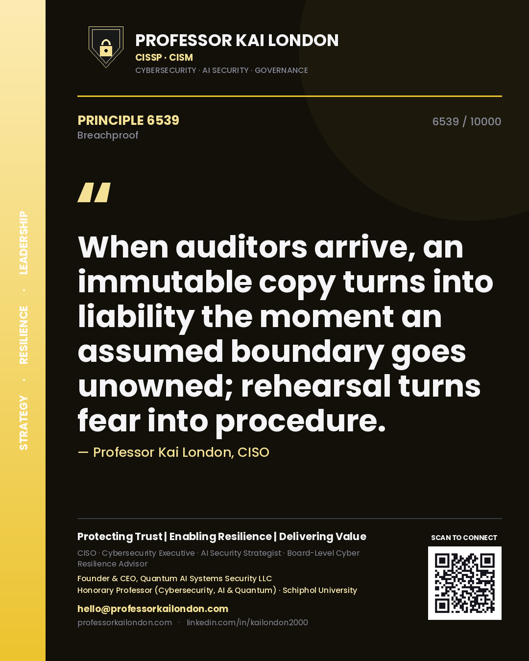 Professor Kai London principle 6539: When auditors arrive, an immutable copy turns into liability the moment an assumed boundary goes unowned; rehearsal turns fear into procedure.