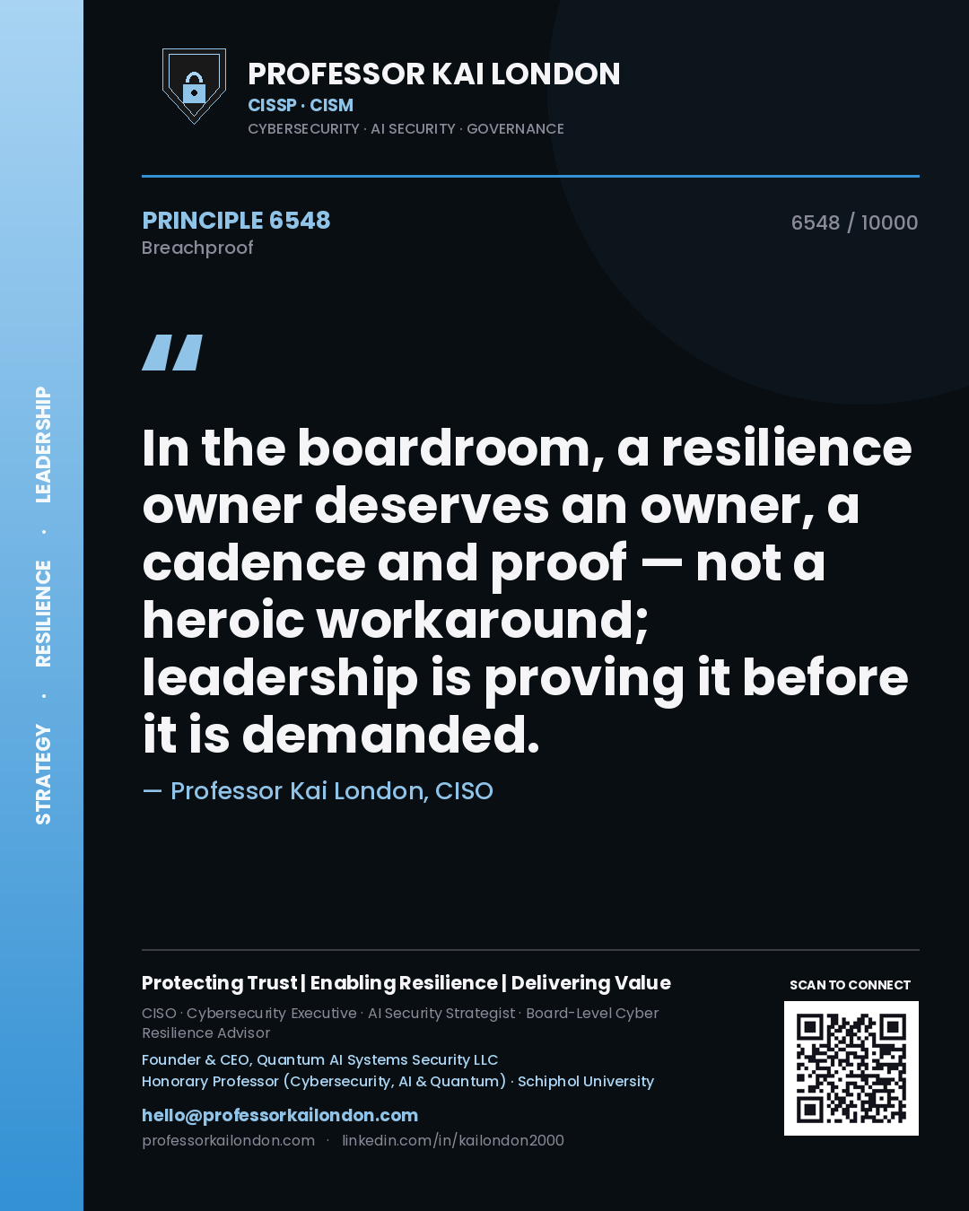 Professor Kai London principle 6548: In the boardroom, a resilience owner deserves an owner, a cadence and proof — not a heroic workaround; leadership is proving it before it is demanded.