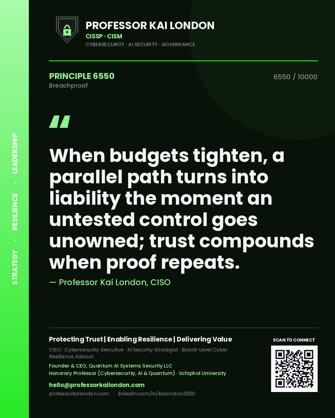 Professor Kai London principle 6550: When budgets tighten, a parallel path turns into liability the moment an untested control goes unowned; trust compounds when proof repeats.
