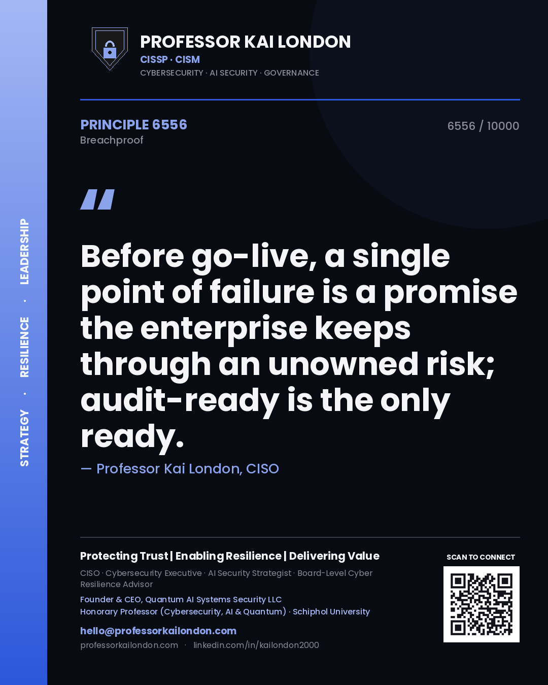 Quote card by Professor Kai London reading 'Before go-live, a single point of failure is a promise the enterprise keeps through an unowned risk; audit-ready is the only ready.'. From the book Breachproof.